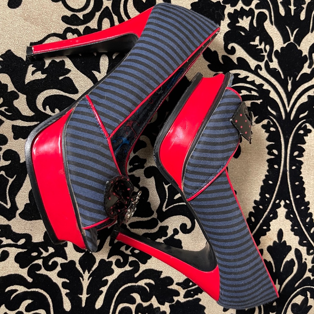 Blue & Red w/ Black Stripes Sailor Pin-up Rockabilly Platform Stiletto Heels